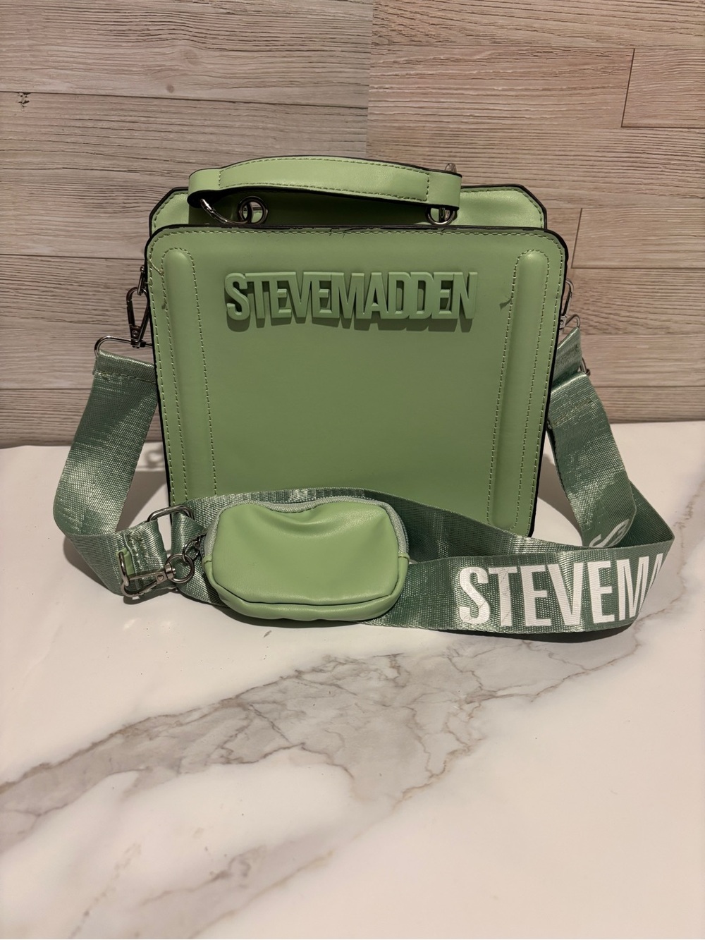 Steve Madden Light Green Crossbody Bag with Logo Strap